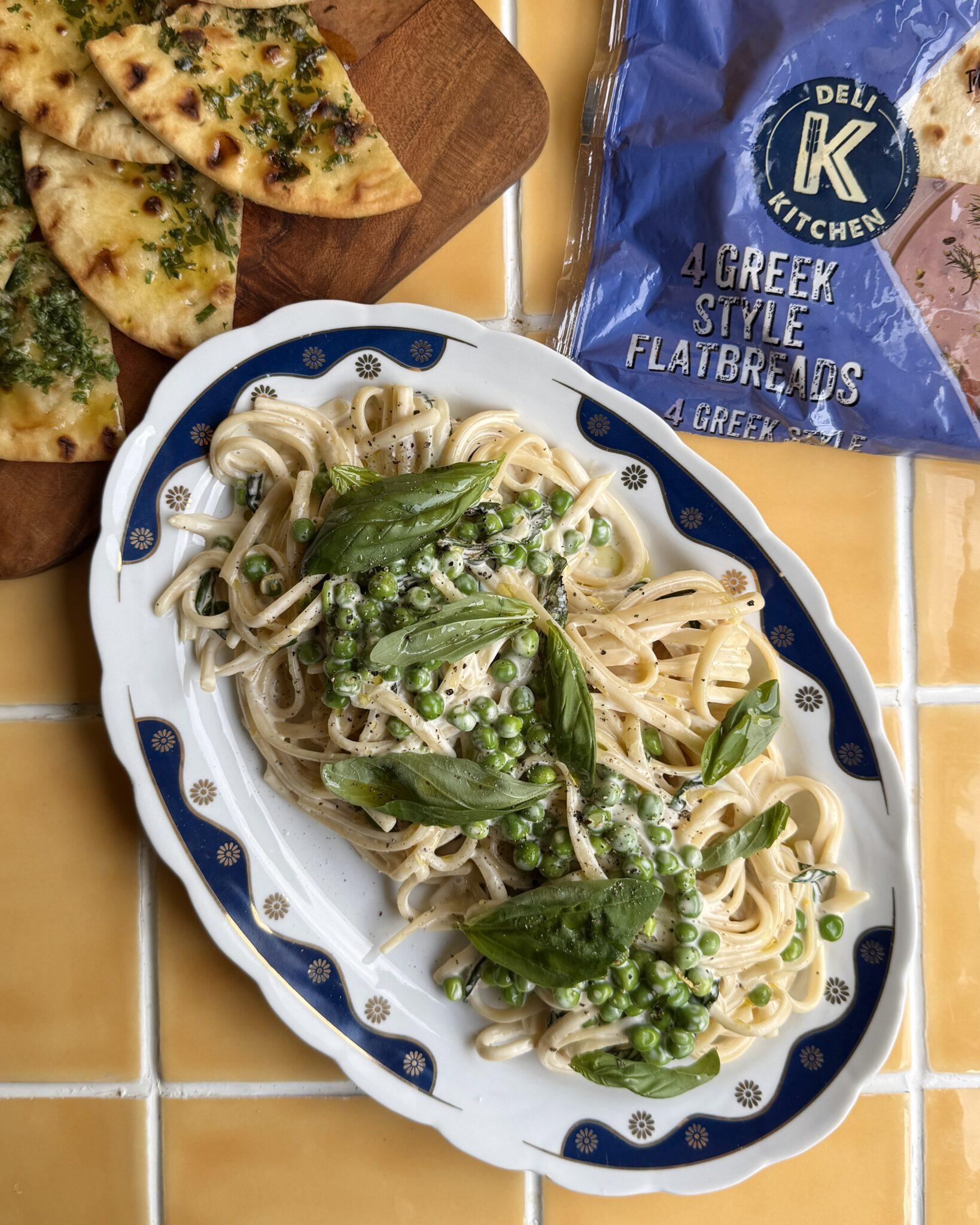 lemon-pea-pasta-served-with-deli-kitchen-greek-flatbread-garlic-breads