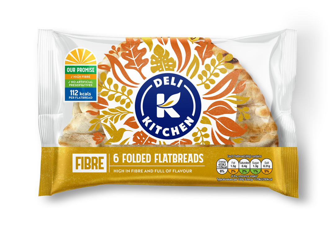 Deli Kitchen 6 High Fibre Folded Flatbreads in Packaging - WhiteBG v2
