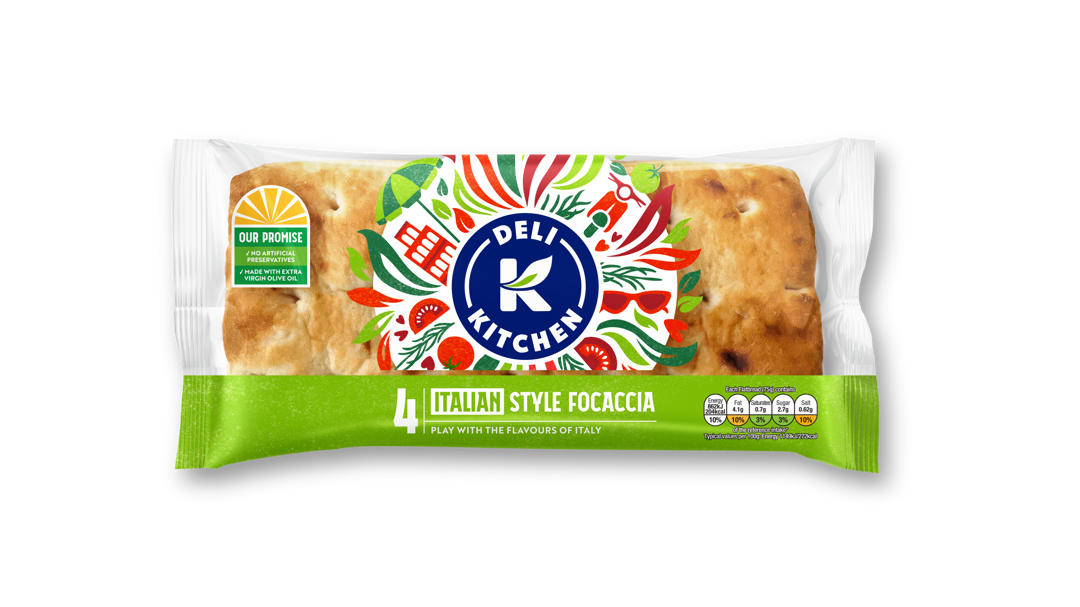 Deli Kitchen 4 Italian Style Focaccia Sliced in packaging