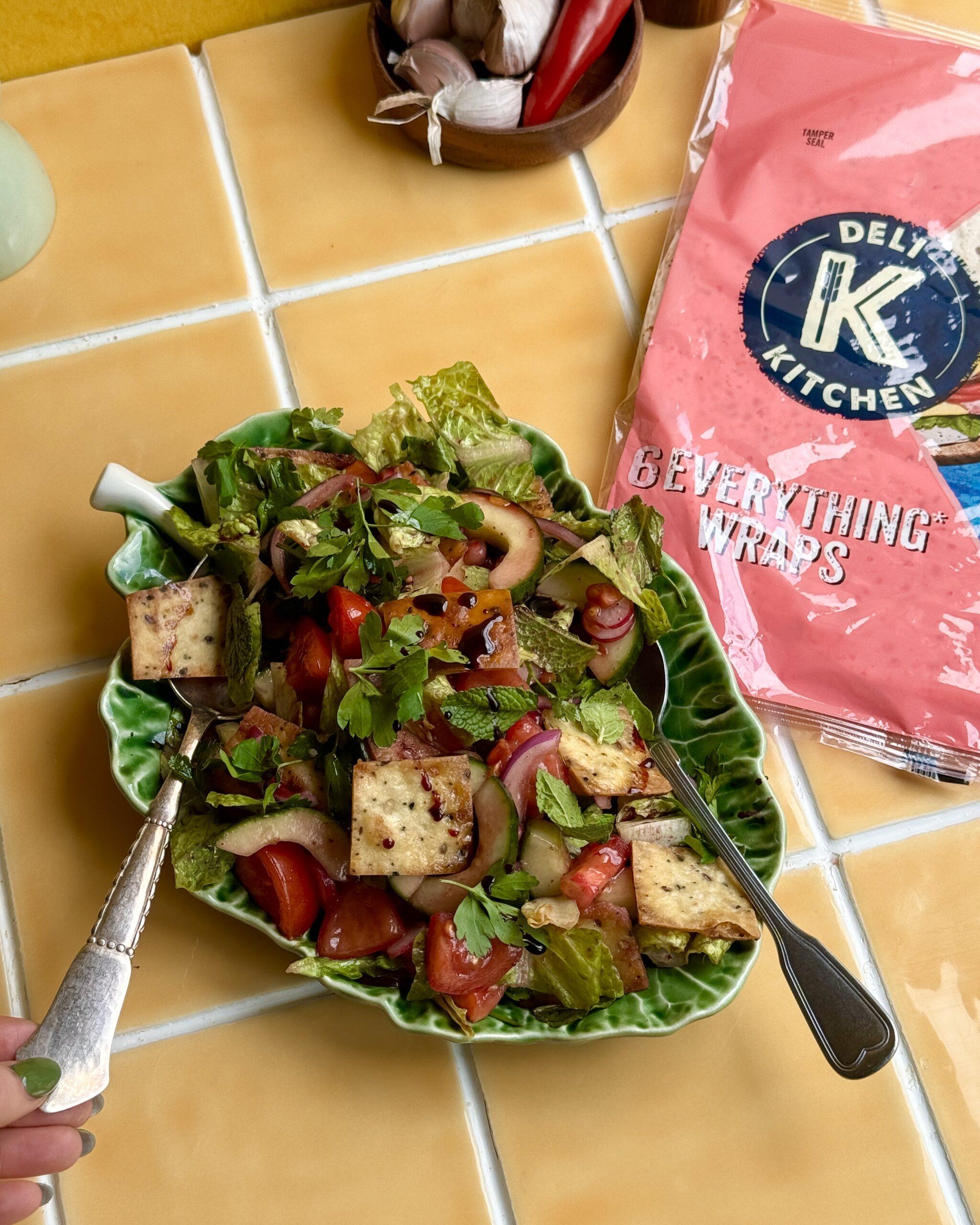 Fattoush Style Salad with Crunchy Everything Wraps