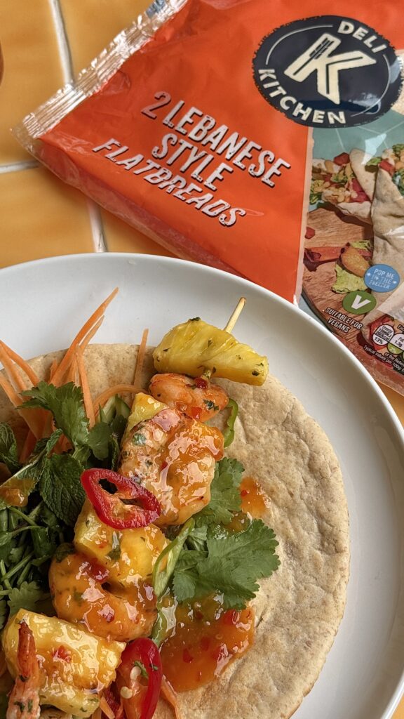Spicy Prawn and Pineapple Skewers, served with Lebanese flatbreads and chilli coconut sauce